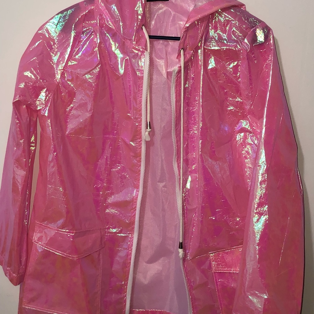 pink holographic rain coat